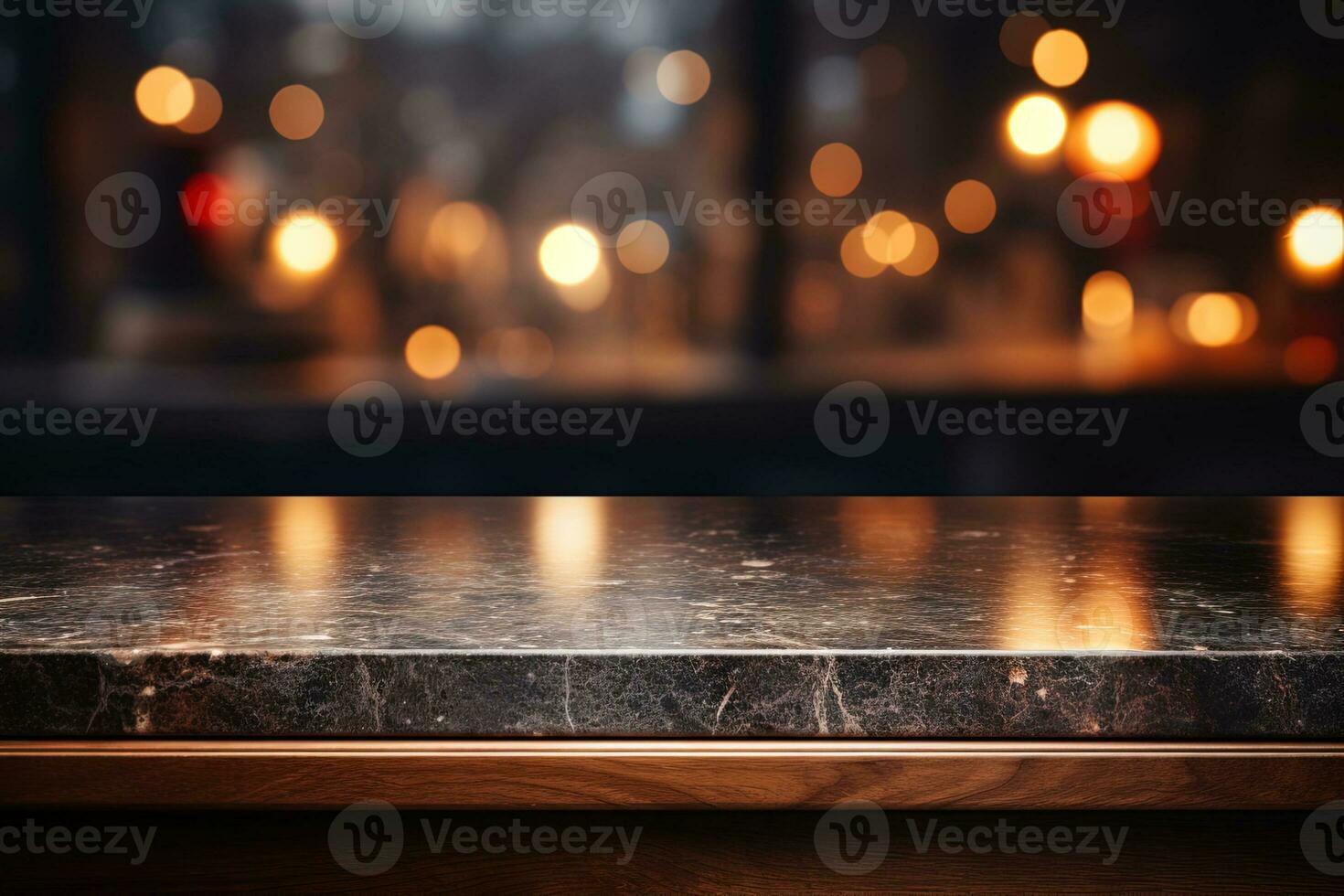 Selective focus of dark blue marble countertop on wooden counter. Luxury kitchen bokeh background photo