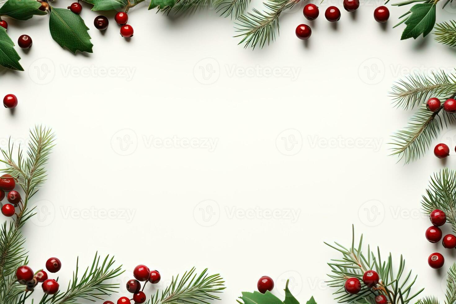 flat lay Merry Christmas and Happy New Year greeting card concept. paper with copy space framed by fir branches and holly berries photo