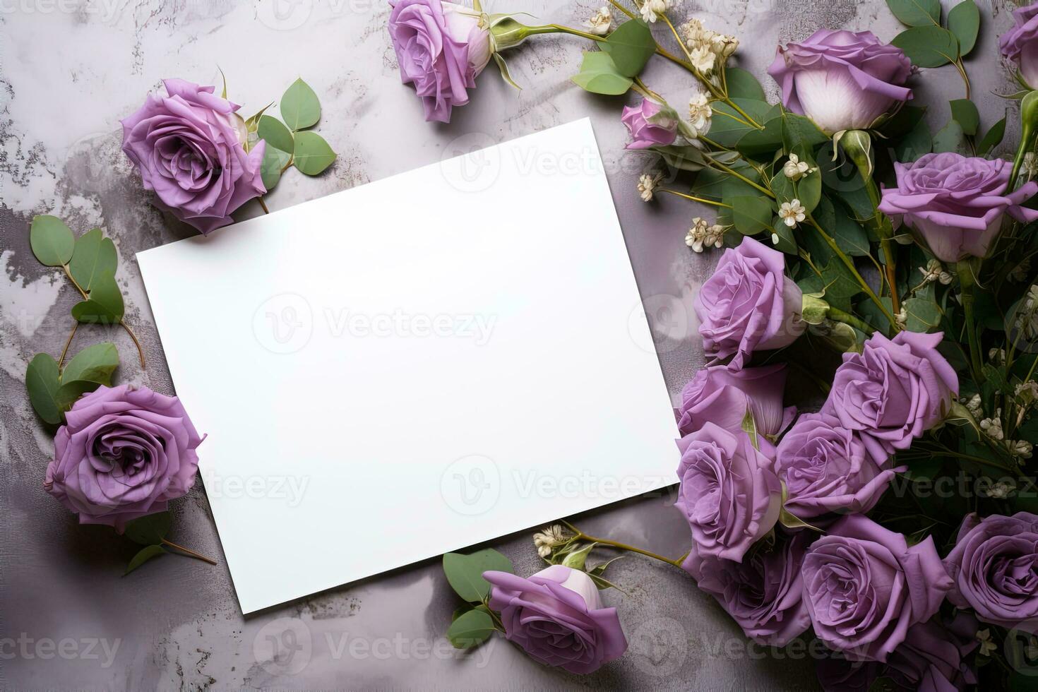 mockup white blank paper sheet with purple roses flowers top view on a grey concrete background, floral template empty card flat lay for design with copy space photo