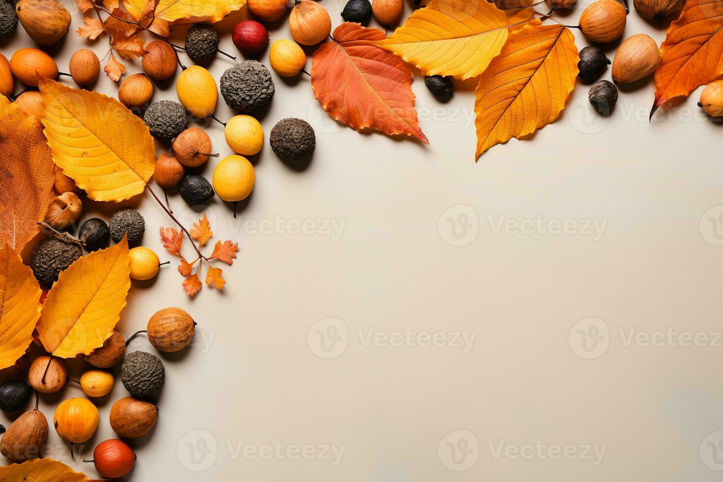 Flat lay autumn orange leaves background with copy space photo