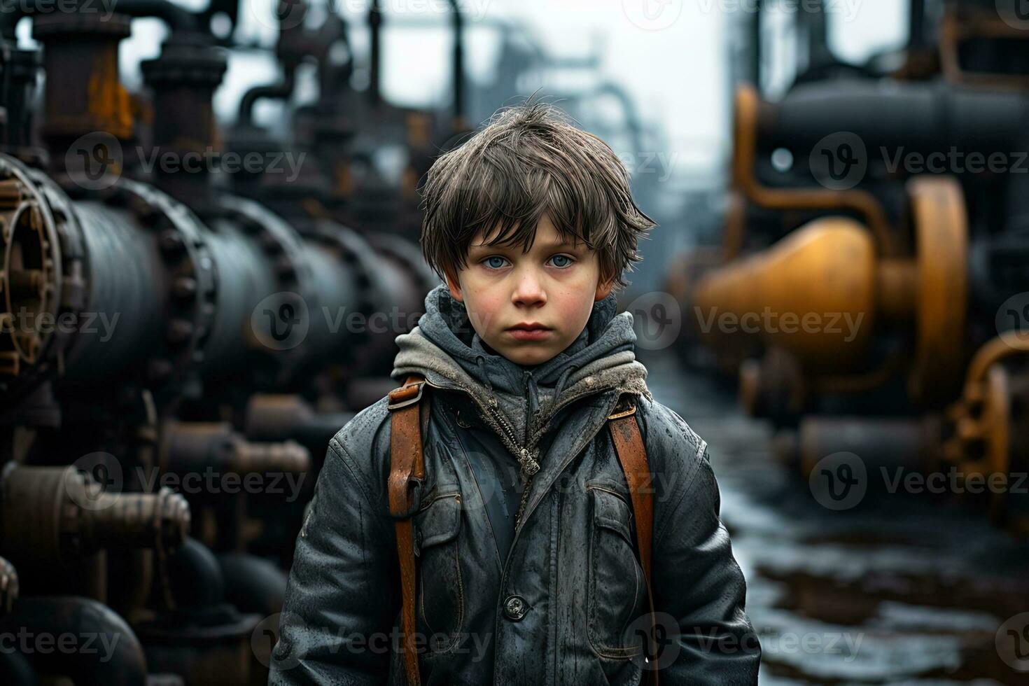 A young sad child in a worn and dirty black jacket among the pipes of an abandoned factory on a blurred background photo