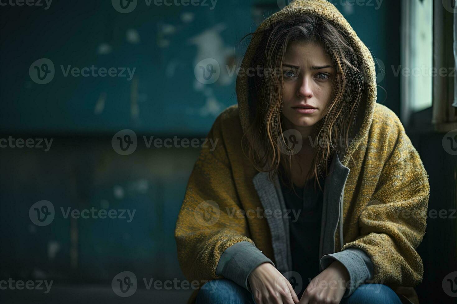 Young depressed teenage woman in a hoodie in a difficult life situation in the entrance of social housing photo