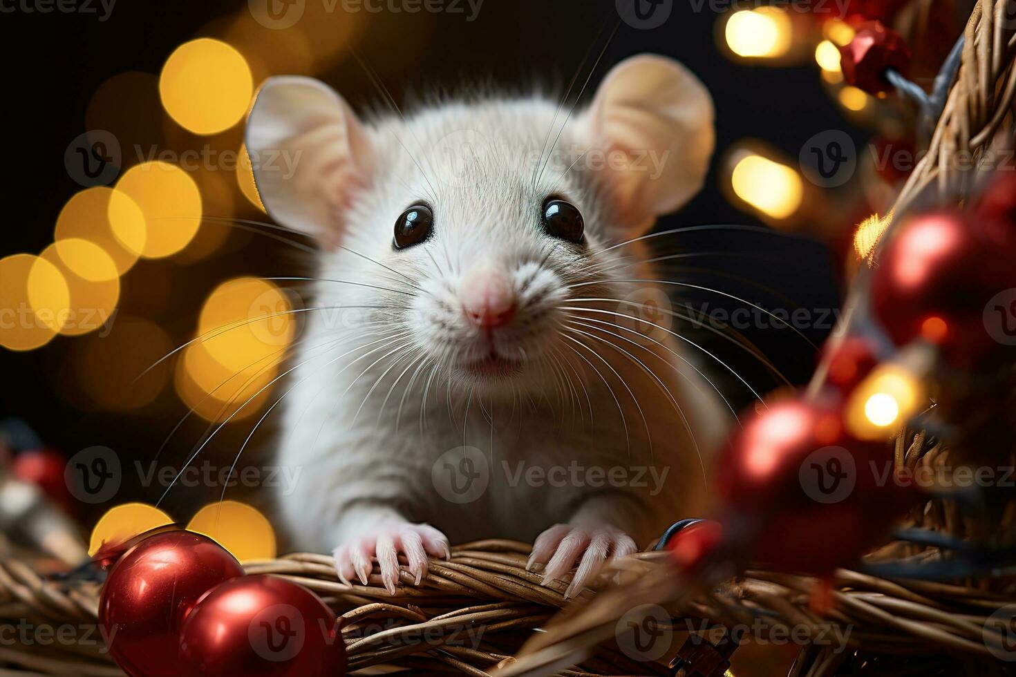 closeup portrait of white rat on christmas bokeh background photo