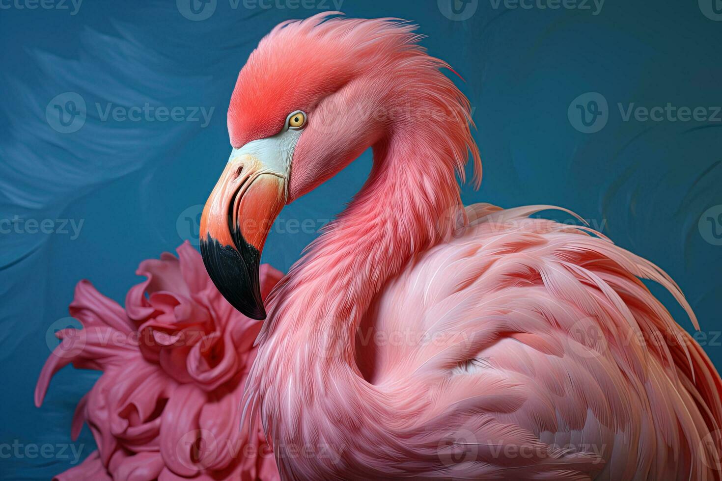 closeup of standing pink flamingo on blue background photo