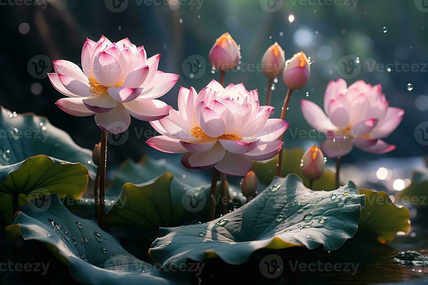 pink lotus flowers and leaves in the rain bokeh blurred background, generative ai photo