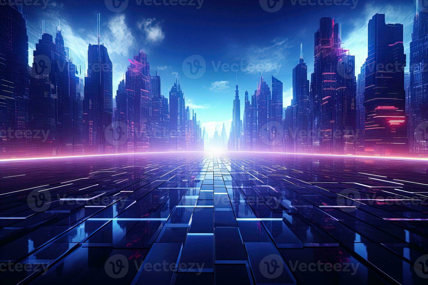 Modern sci-fi virtual polygonal futuristic neon color sunset city street background photo