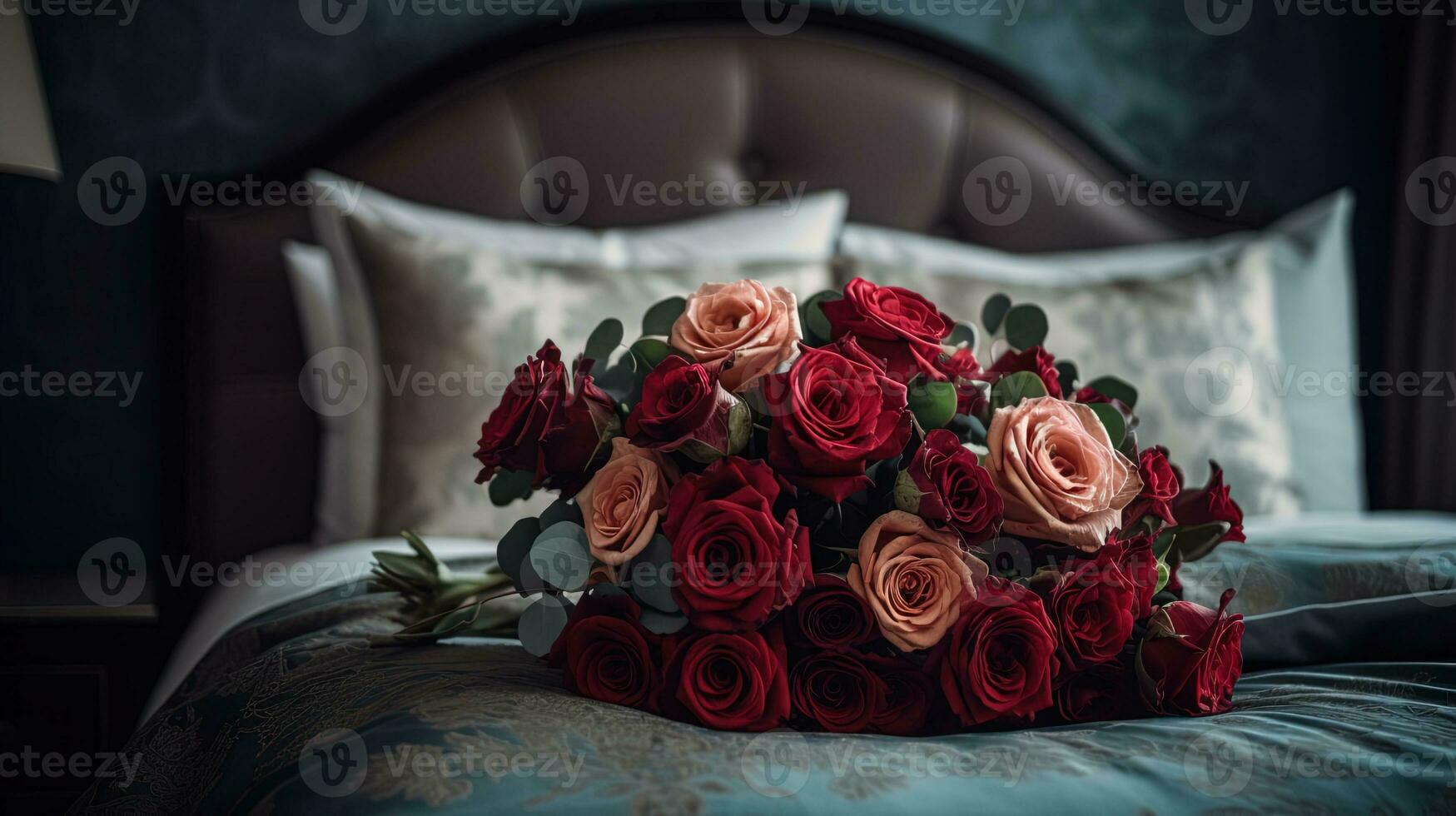 a luxurious bouquet of red and pink roses lies on a bed in a hotel photo