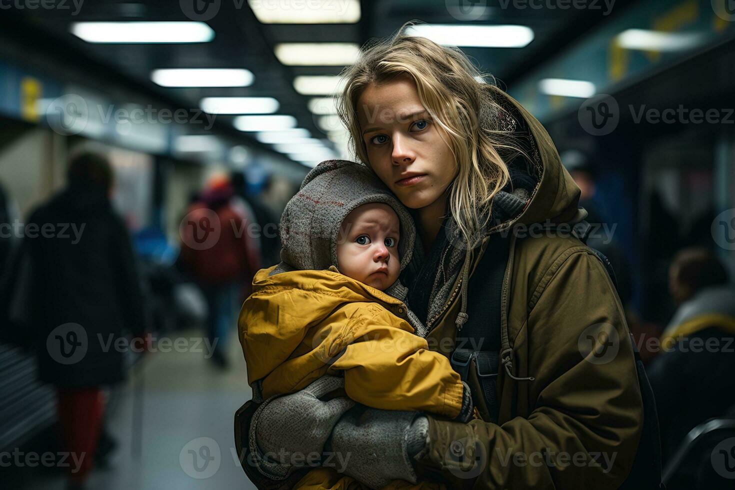 A poor homeless blond blue-eyed refugee woman in worn out clothes and a hat hugs her daughter at a subway station. photo