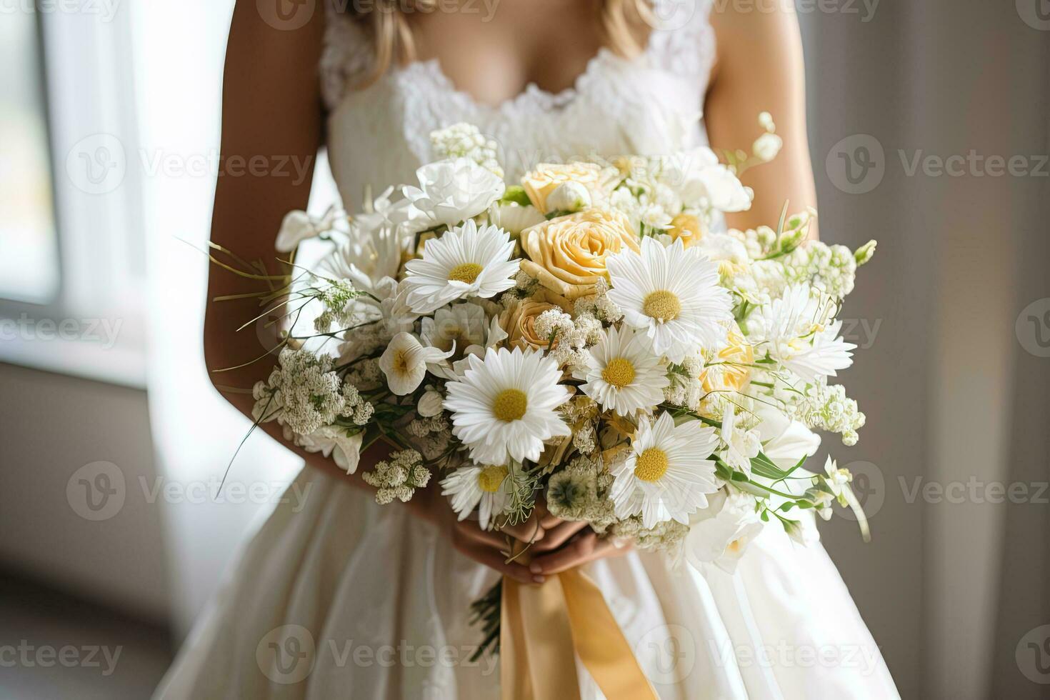 de cerca de un delicado Boda ramo de flores con margaritas en el manos de el novia cerca el ventana foto