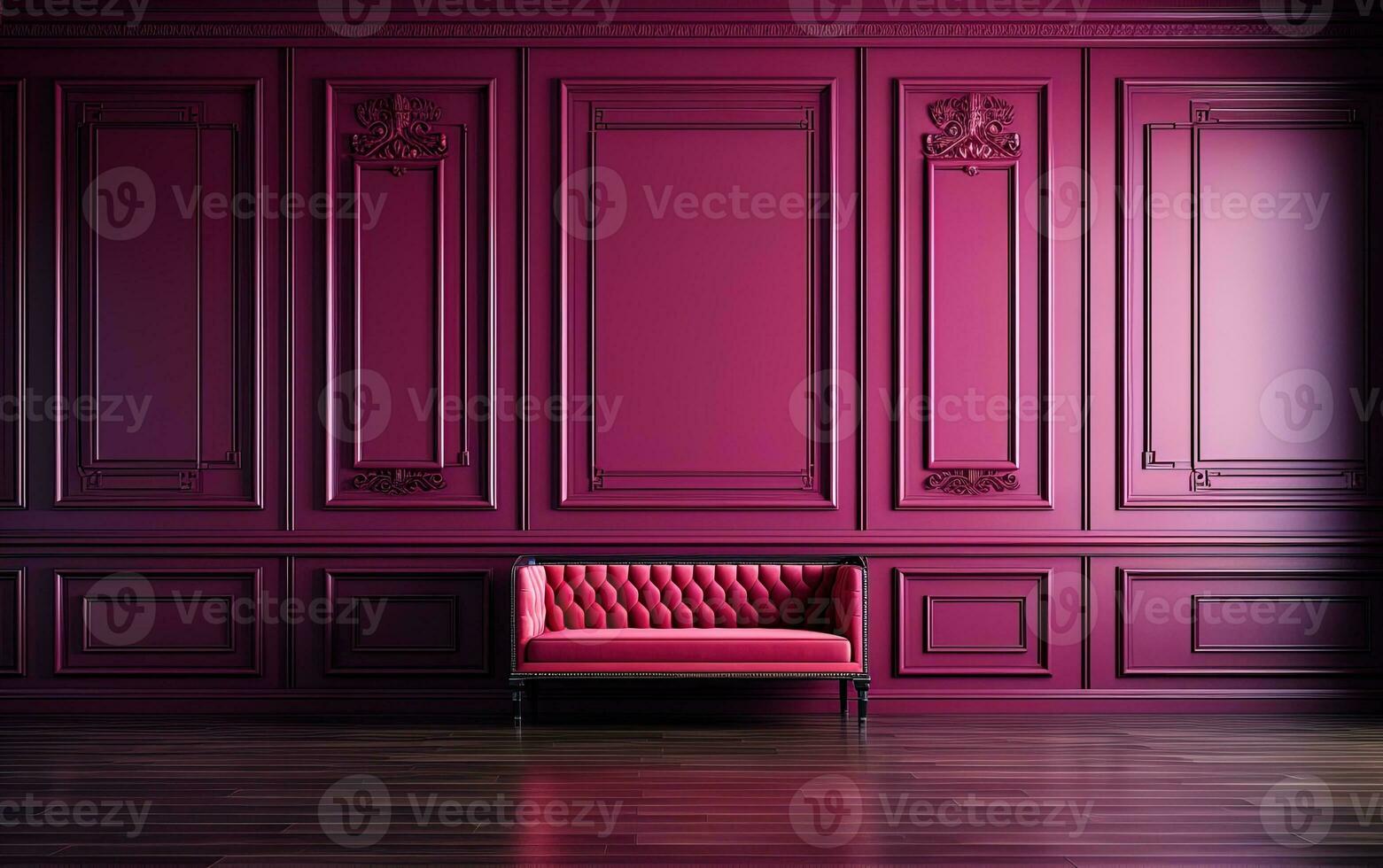 Pink capiton sofa against the background of a dark pink luxurious wall. Luxury interior design photo