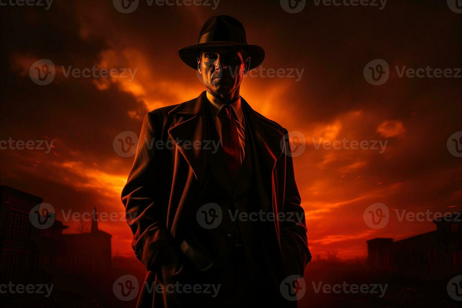Dark and contrast portrait of a tough detective in a hat and coat on a red sunrise against the background of the city photo