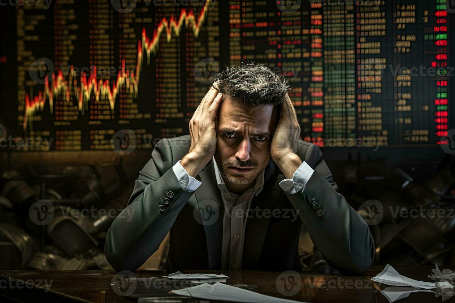 Economic crisis. Stocks are falling, sad worried businessman holding his head against the background of a graphic of falling stocks photo