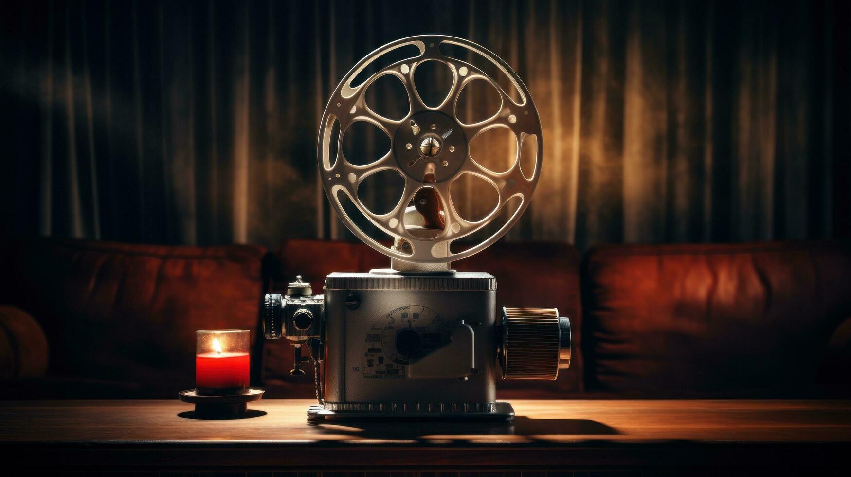 Movie projector with blank film reel on table photo