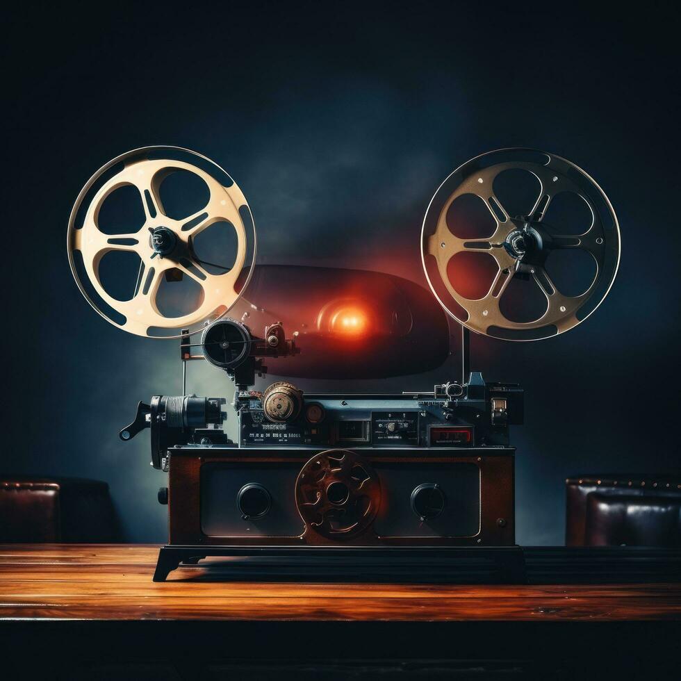 Movie projector with blank film reel on table photo