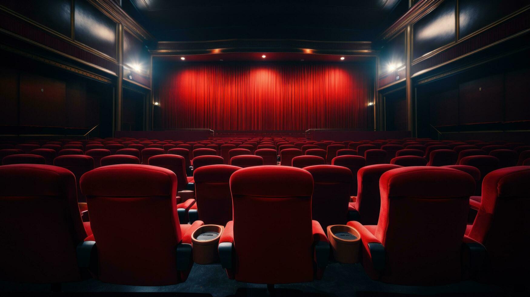 Red velvet cinema seats with blank screen photo