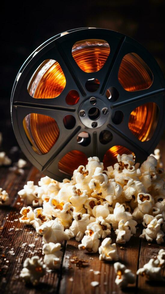 Film reel and popcorn on rustic background photo