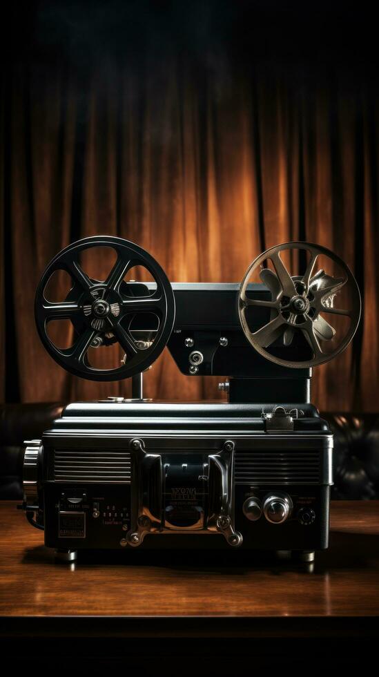 Movie projector with blank film reel on table photo