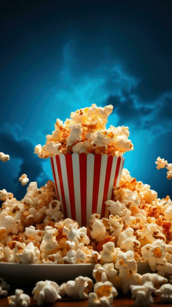 Movie tickets and popcorn on blue background photo