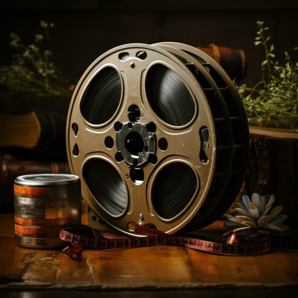Film reel and popcorn on rustic background photo