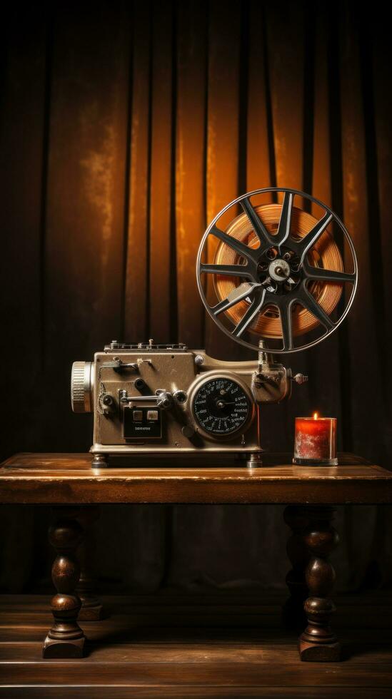 Movie projector with blank film reel on table photo