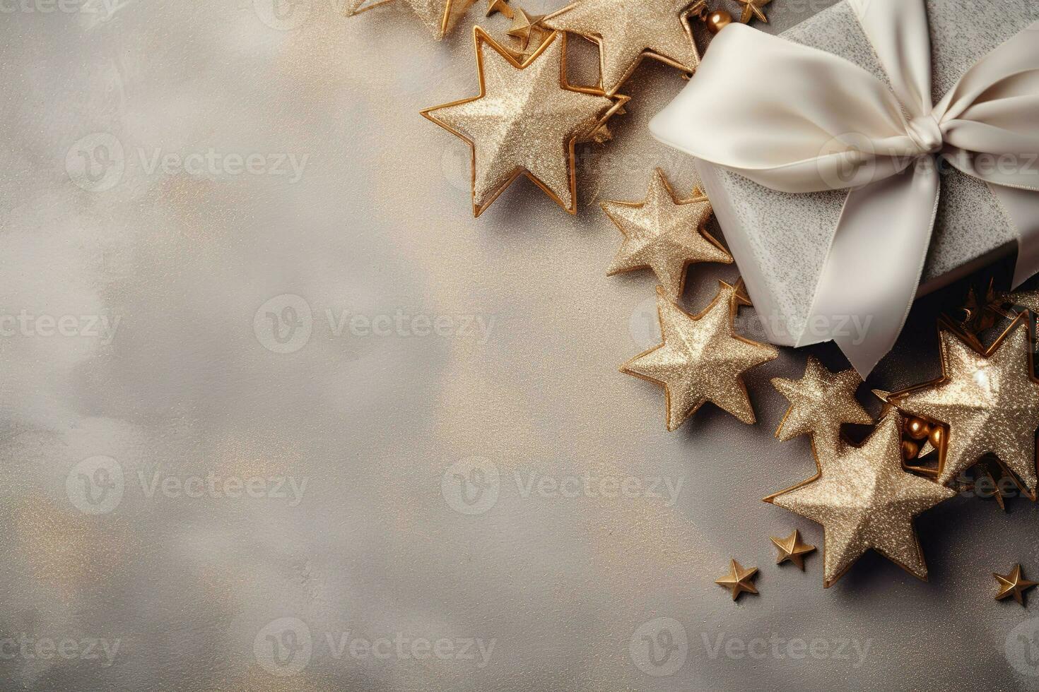 Navidad, Navidad plano laico ligero antecedentes con brillante estrellas con plata regalo caja con arco con Copiar espacio foto