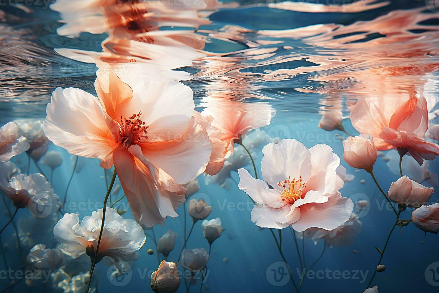 Beautiful pink flowers under clear water photo