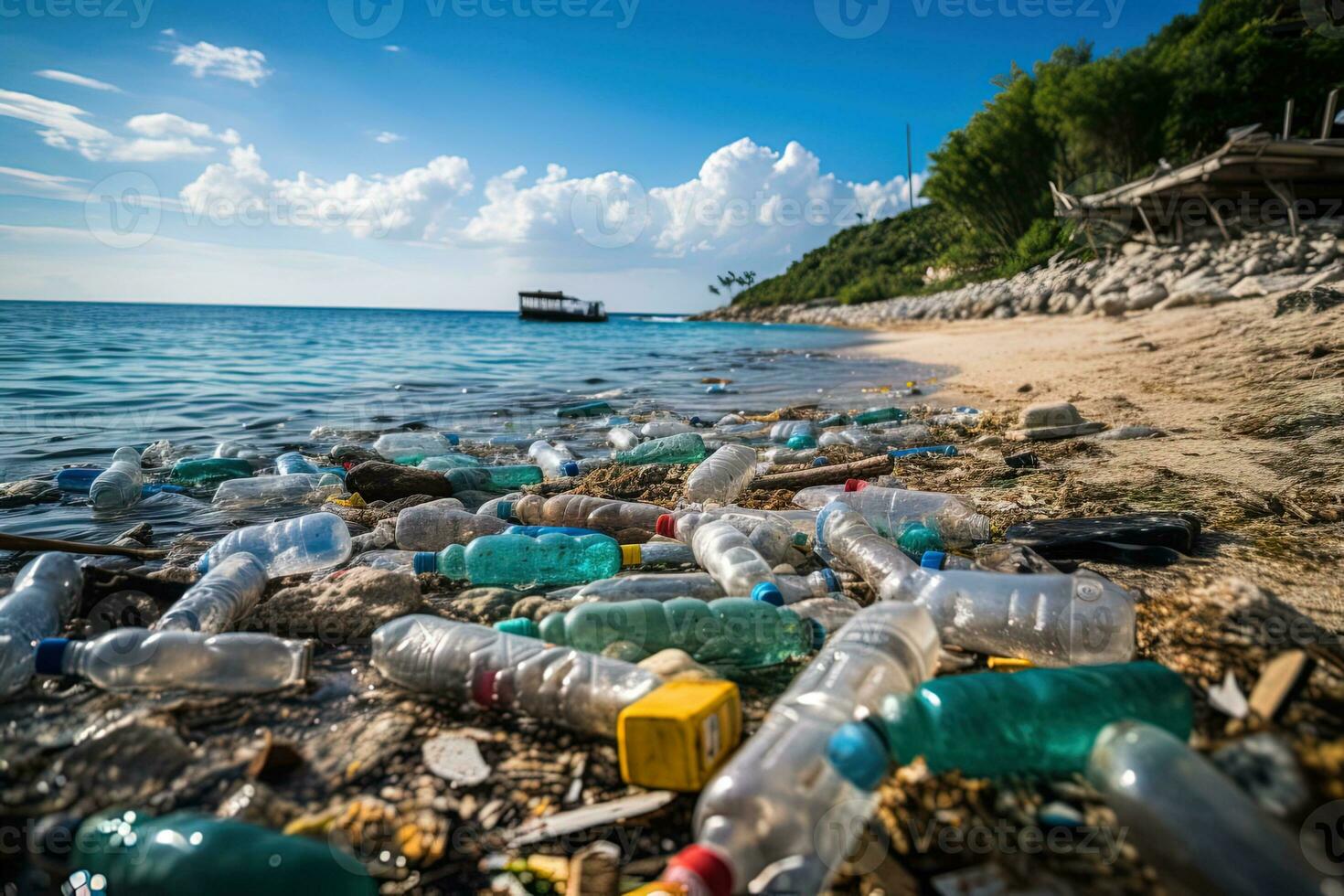 a pile of plastic garbage on the sea beach, environmental pollution photo