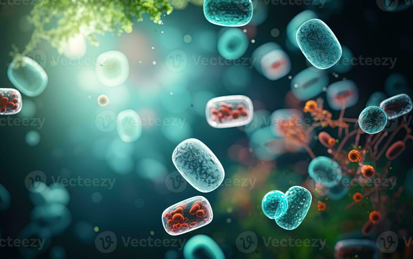 Medical sci-fi illustration with blue and pink microorganisms in primordial soup on blurred background photo