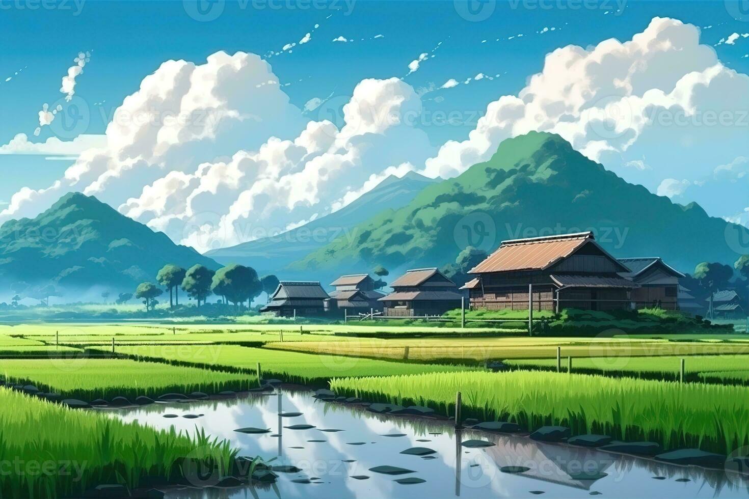 illustration in cartoon style of a beautiful landscape with rice fields, a small village and mountains on a sunny day photo