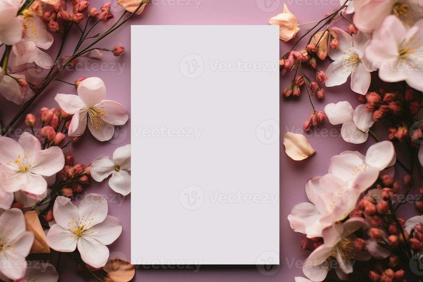 blank vertical card mockup on pink background surrounded by flowers, template white sheet of paper for design photo