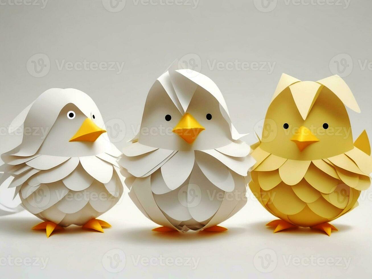 Easter chicks in origami style isolated on a white background. Easter eggs and chickens made of paper on a white background. photo