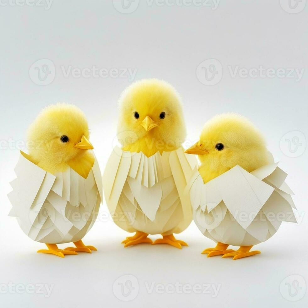 Easter chicks in origami style isolated on a white background. Easter eggs and chickens made of paper on a white background. photo