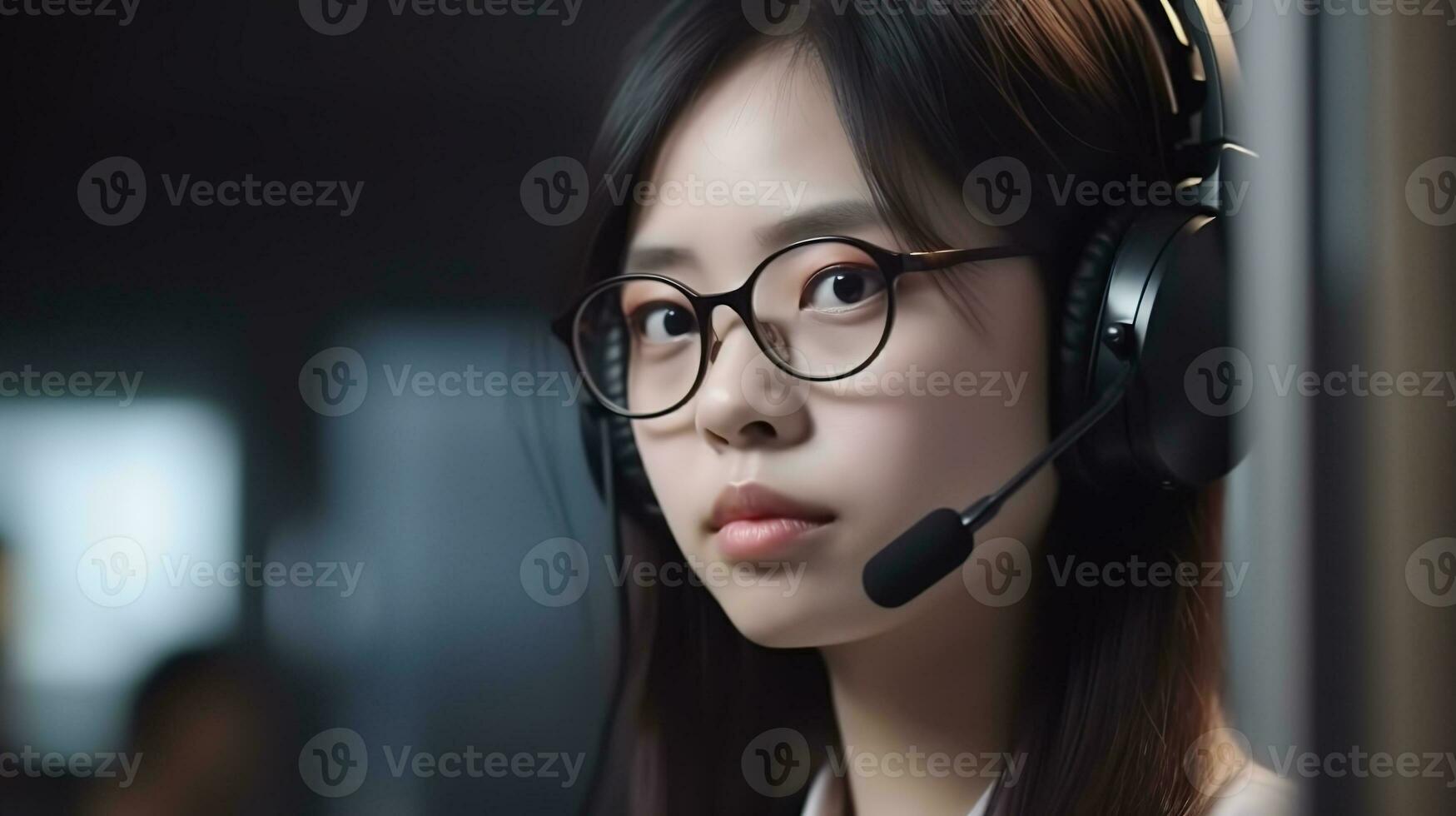 portrait black-haired young asian woman in glasses and with headphones with a microphone from the support service, generative ai photo