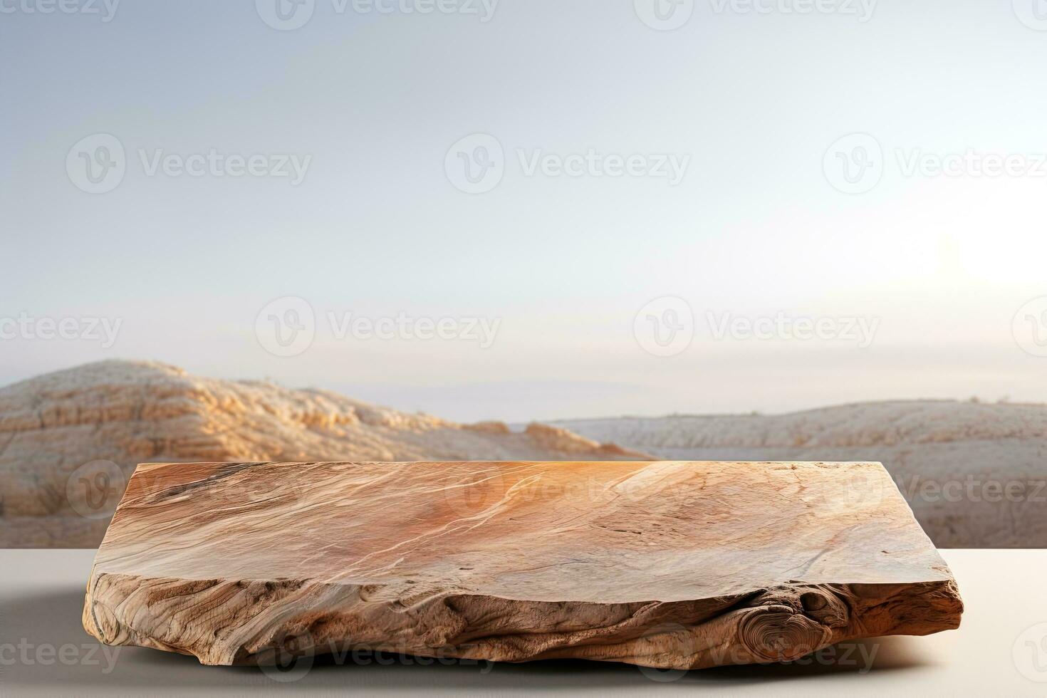 Aged wooden slab surface against the background of a mountain and a clear sky. Background for presentation of products. photo