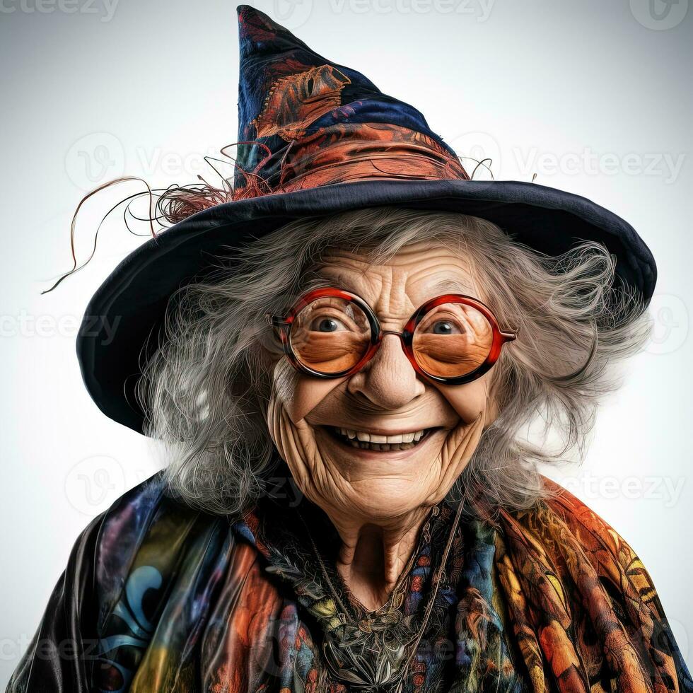 Elderly gray haired woman with glasses, colorful hat and witch outfit smiling on white background photo