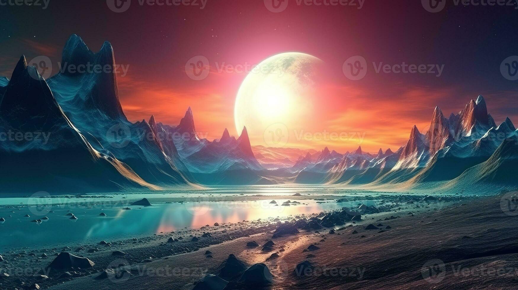 Alien planet cold blue mountain valley landscape. sci fi landscape photo