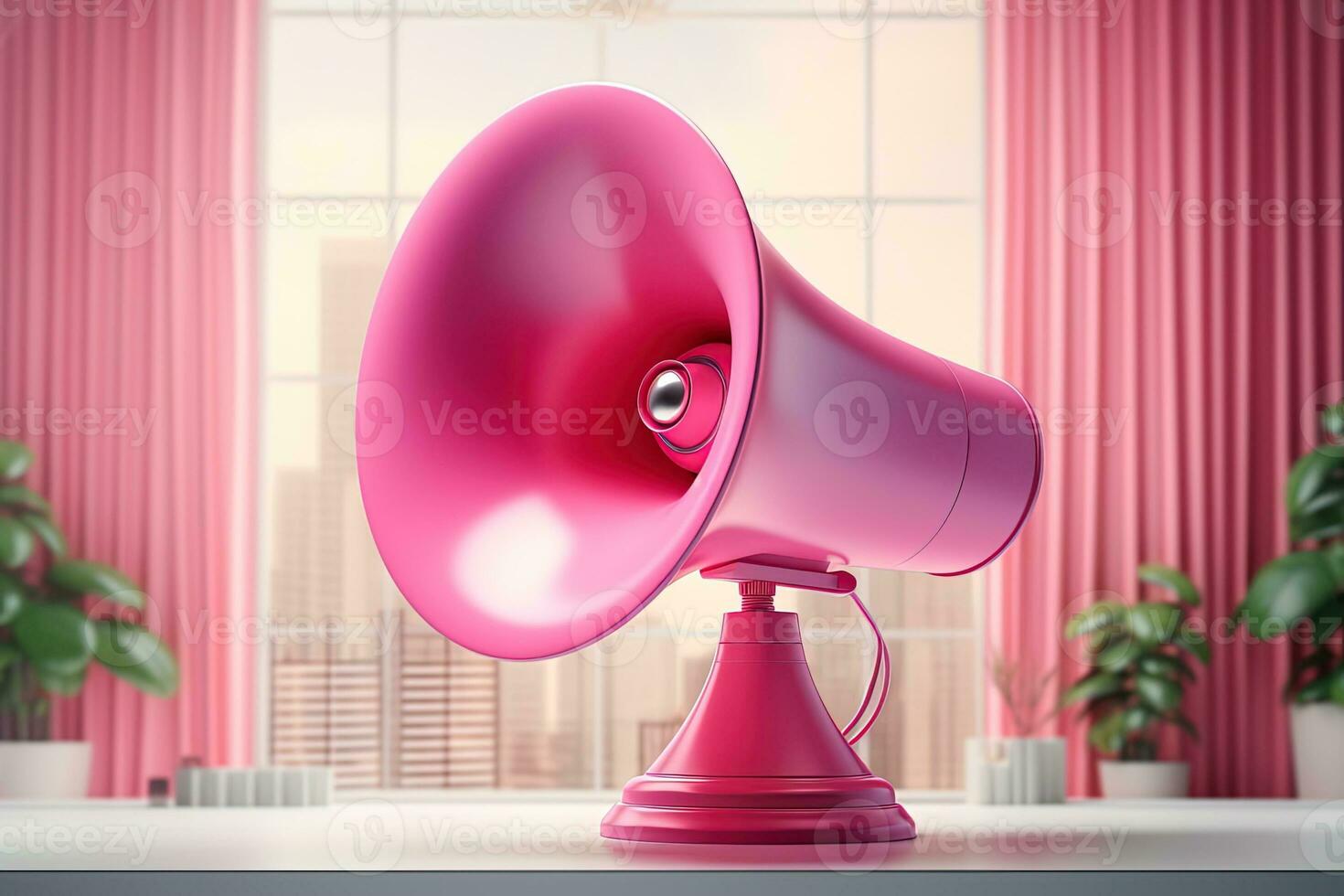 Big pink retro futurisic loudspeaker in a room with big window photo