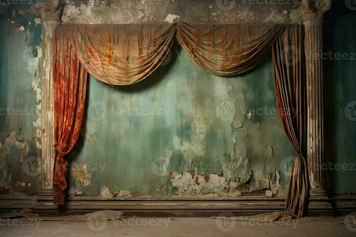 a torn dirty faded red theater curtain against the background of a wall with crumbling plaster. Abandoned empty stage photo