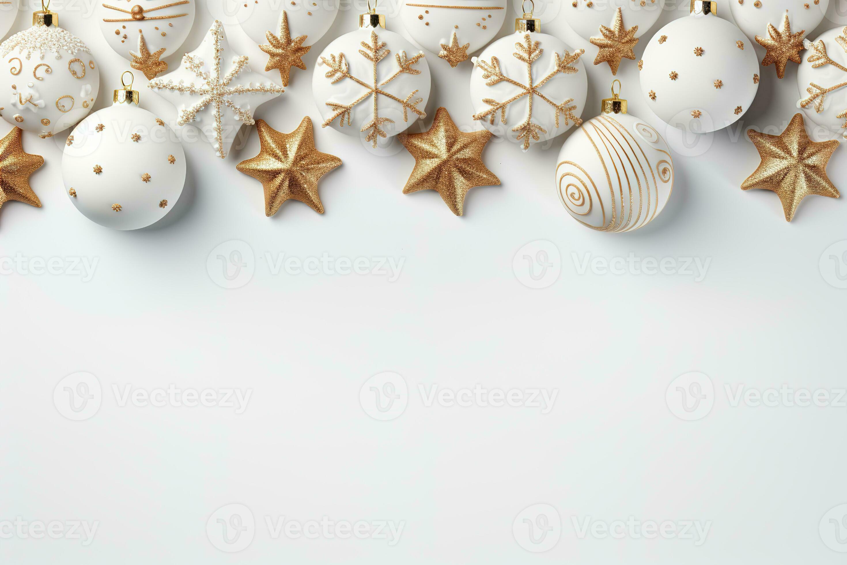 Christmas decorations in white and gold color on a white background ...