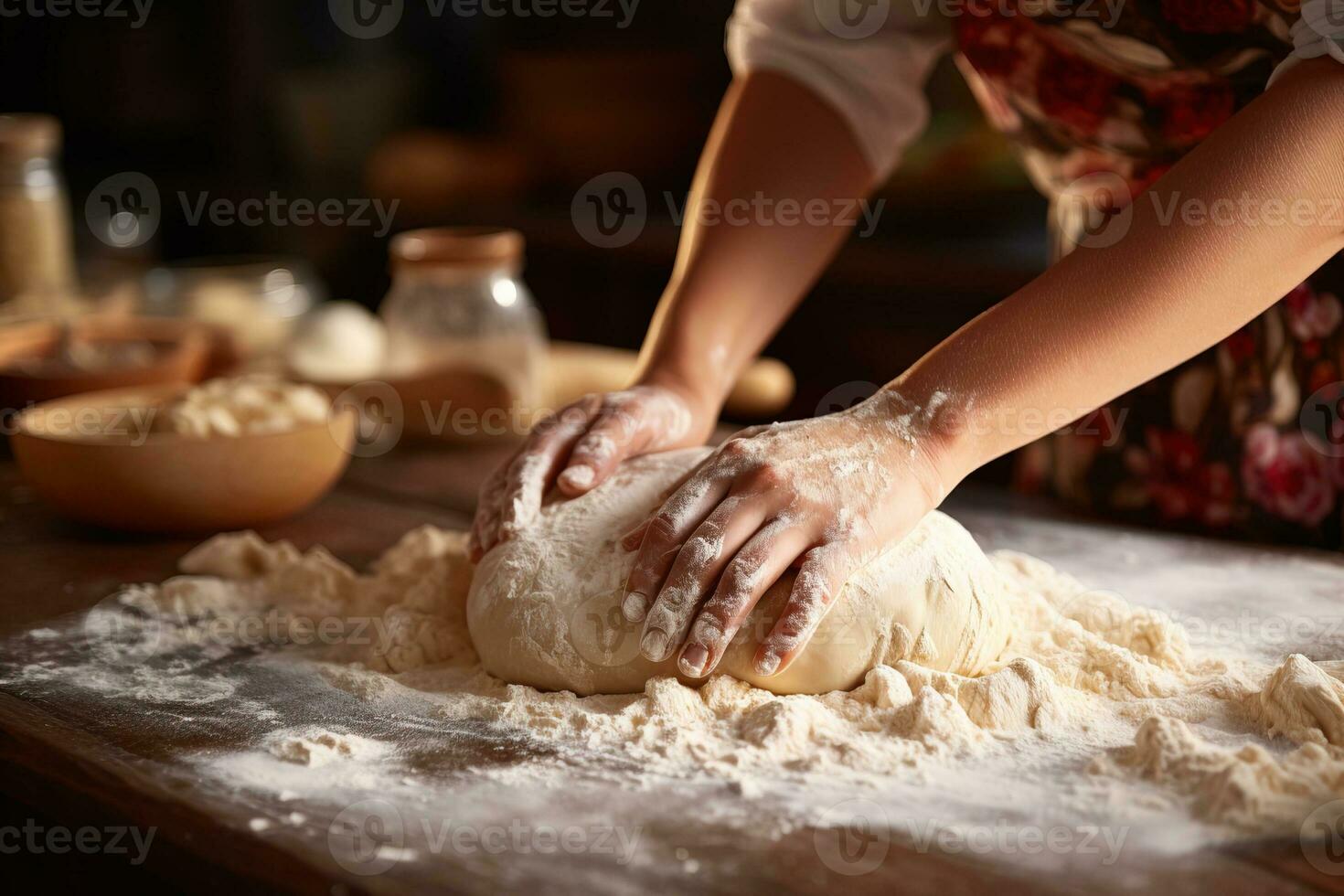 closeup of a young woman's hands kneading dough on a wooden table photo