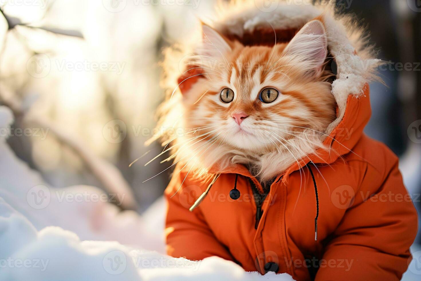 fluffy ginger cat in an orange parka jacket in a winter snowy forest at sunset photo