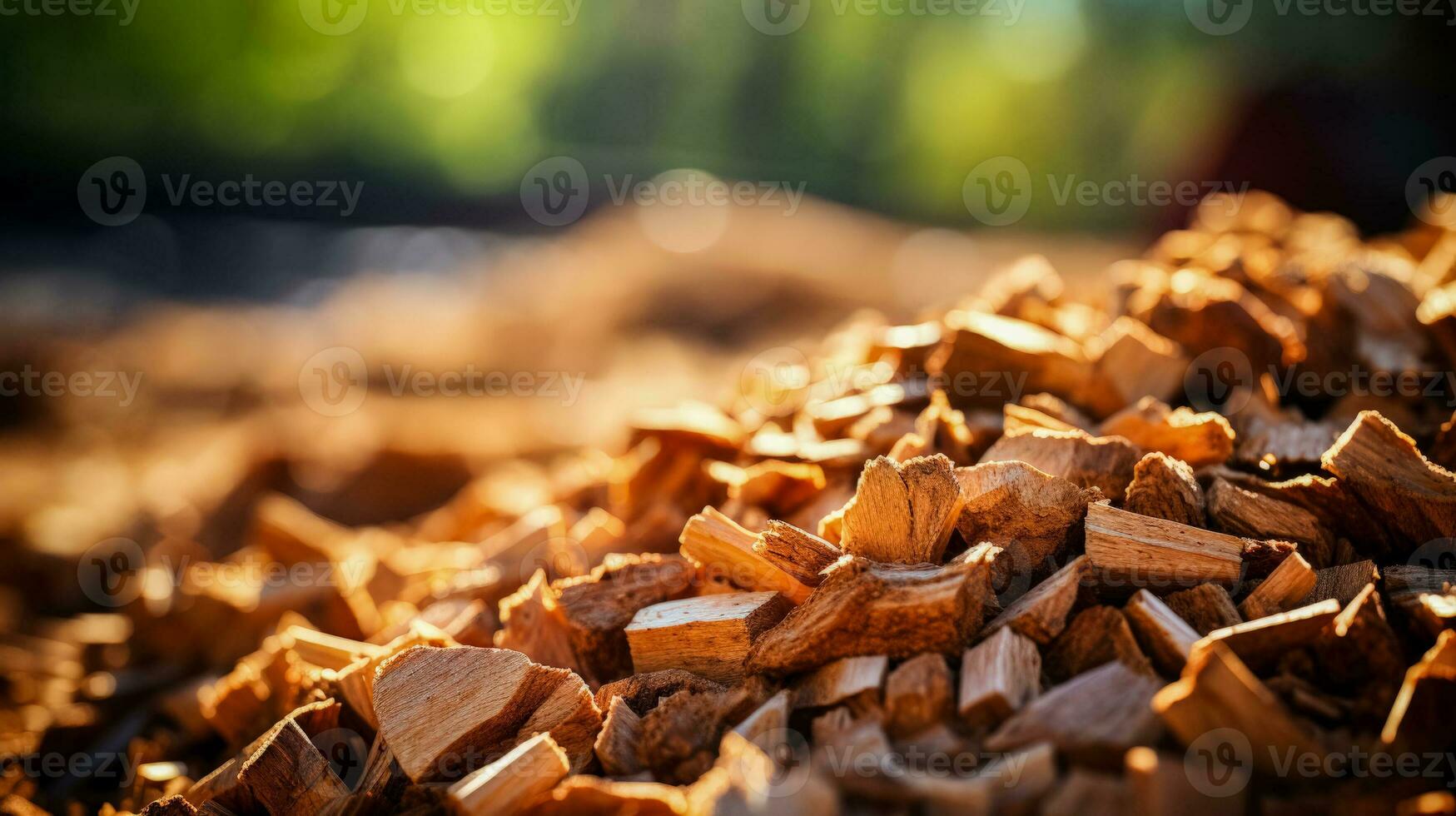 Wood chips for biomass energy production background with empty space for text photo