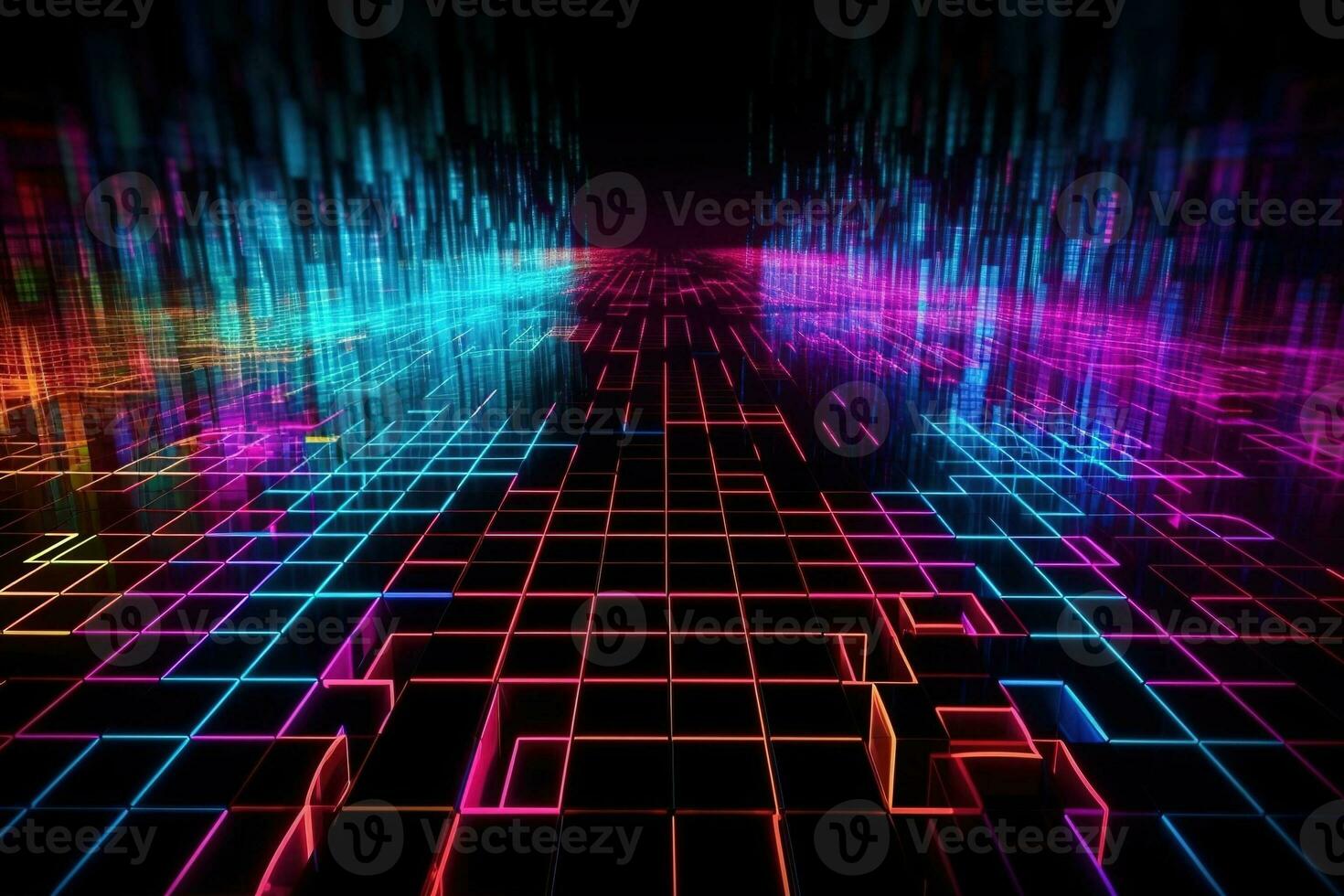 abstract digital volumetric cyberpunk matrix blocks glowing neon background photo