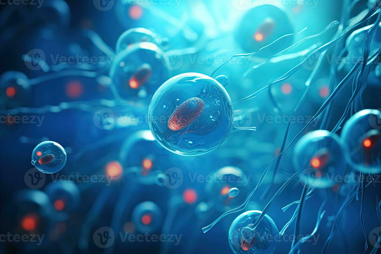 Medical sci-fi illustration with rounded microorganisms in blue color on blurred background photo