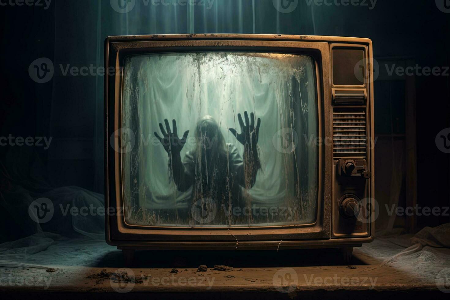 an old television covered in cobwebs, inside the screen of which an scary shadow raises its hands. Halloween horror concept photo