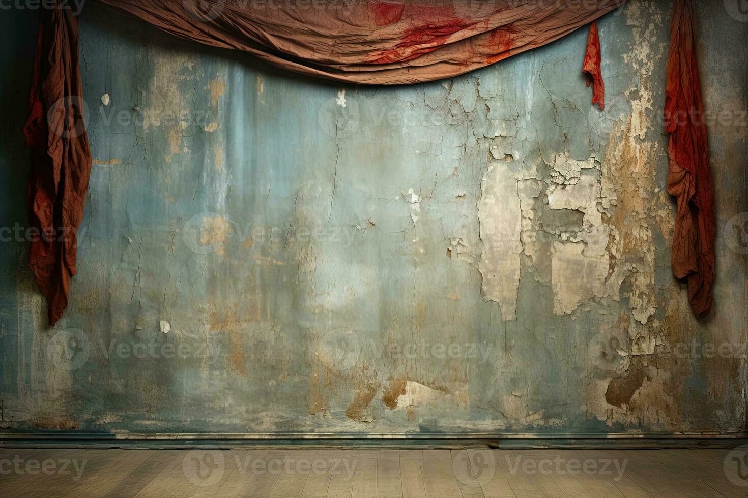 torn dirty faded theater red curtain against the background of a wall with crumbling plaster. Abandoned empty scene photo