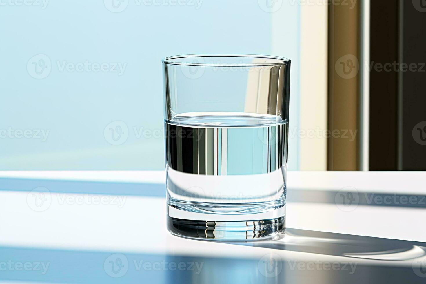 Transparent glass of a pure clean water on a white table under the sunshine photo