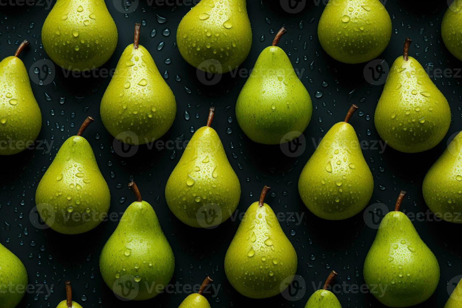 Fresh ripe and tasty pears covered with water drops on a dark background, generative ai photo