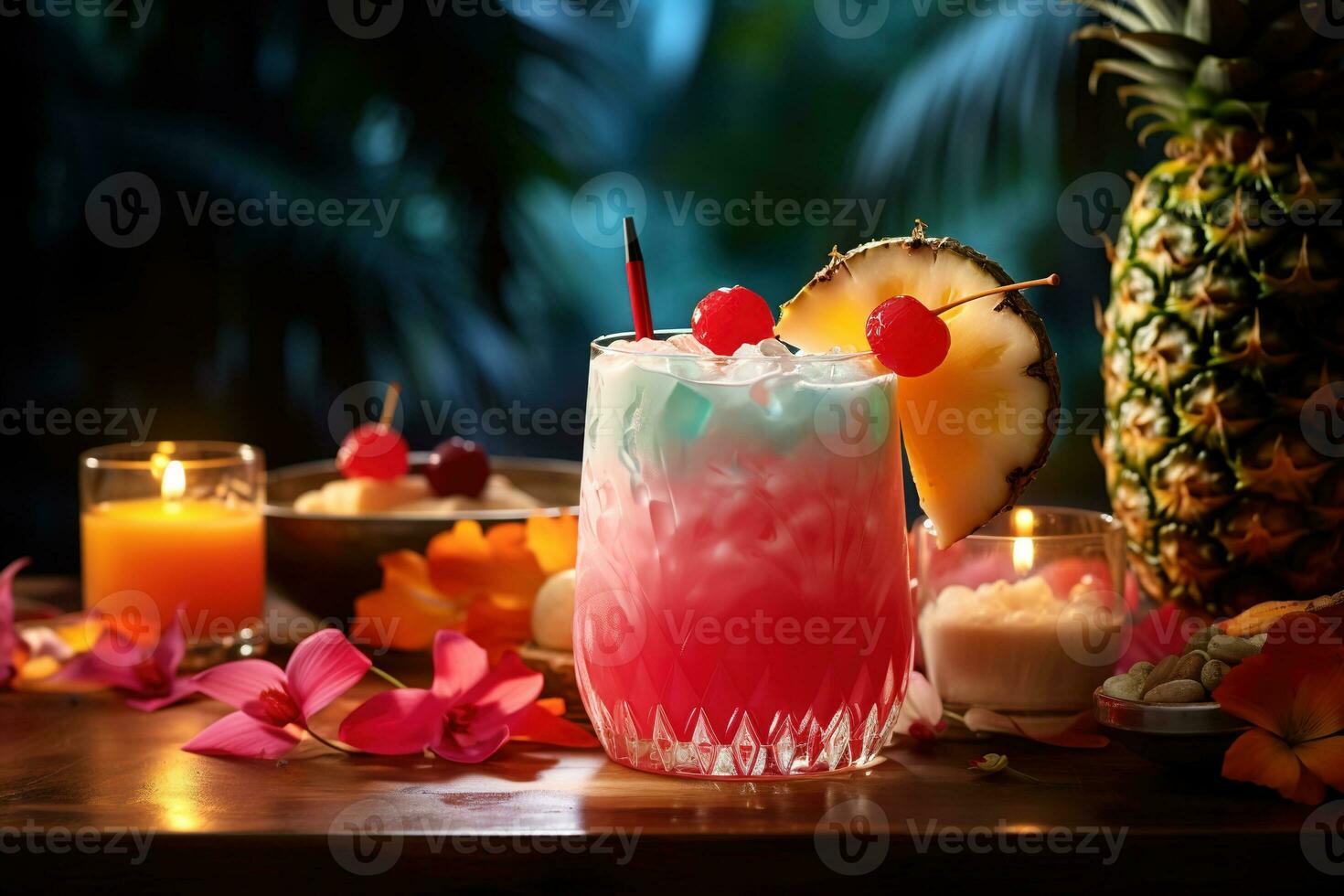 Delicious pink and blue refreshing cocktail with a piece of pineapple surrounded by flower petals with dessert in the background photo