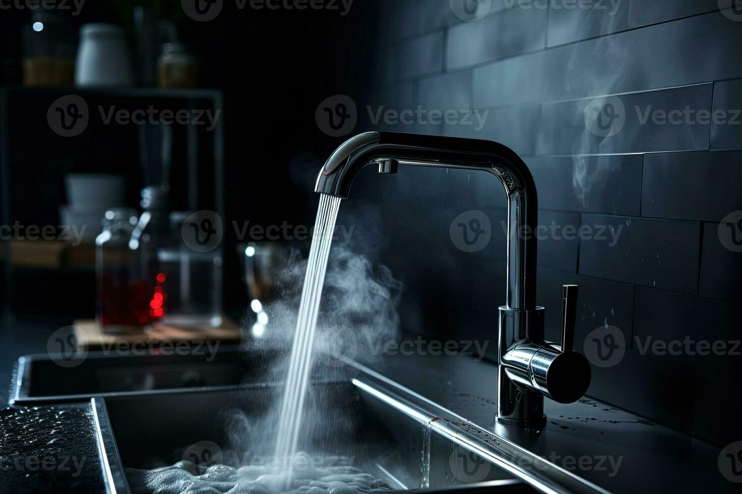 View of a modern kitchen faucet from which a stream of hot water flows photo